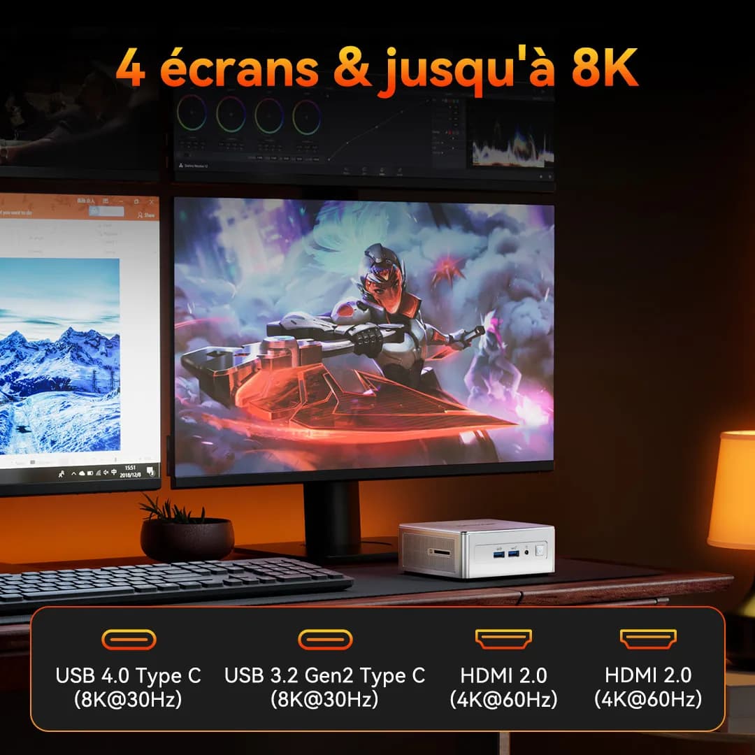 Mini PC GEEKOM AE8 AMD Ryzen 9 supporte jusqu'à 4 écrans et une résolution allant jusqu'à 8k.