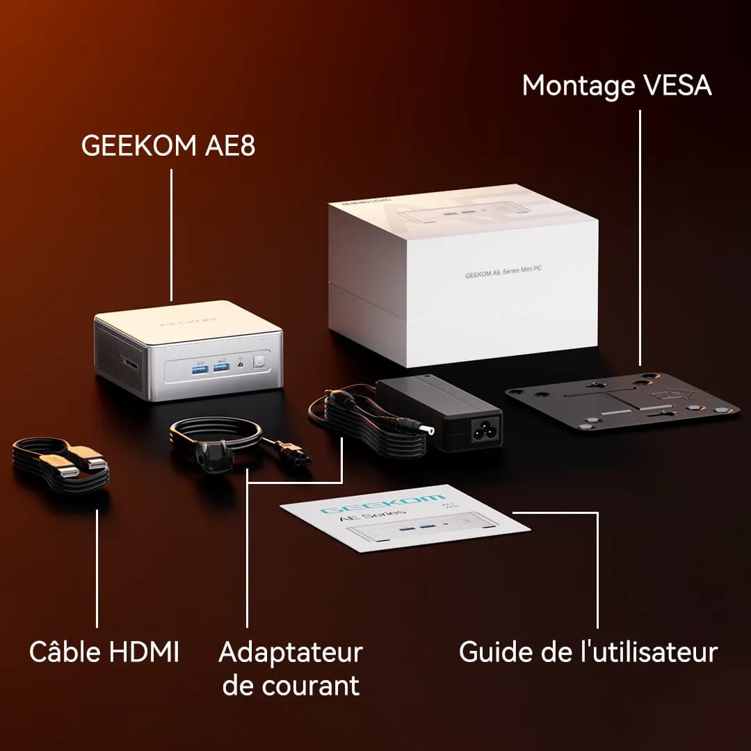 Liste d'emballage du GEEKOM AE8 Mini PC AMD Ryzen 9